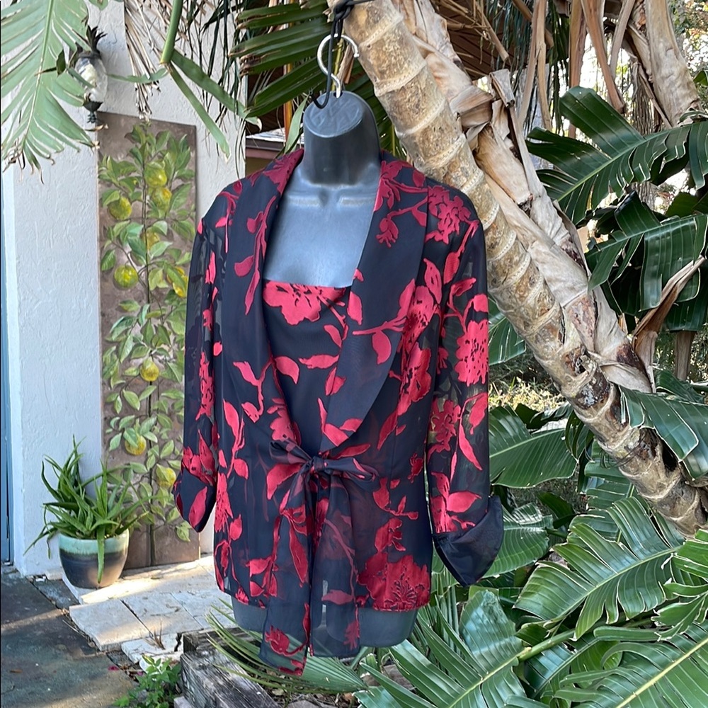 Organza burnout, floral tank top and sheer matching jacket